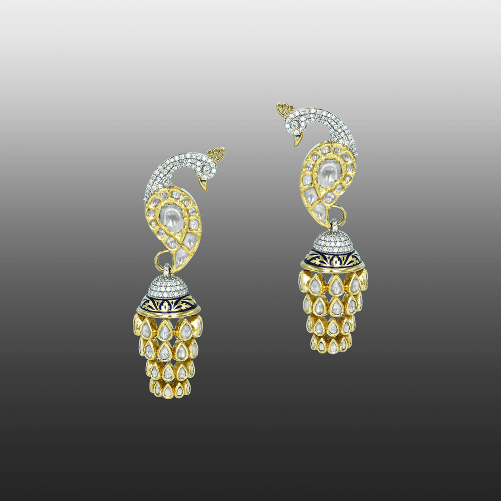 Peacock Polki Earrings with Cascading Drops